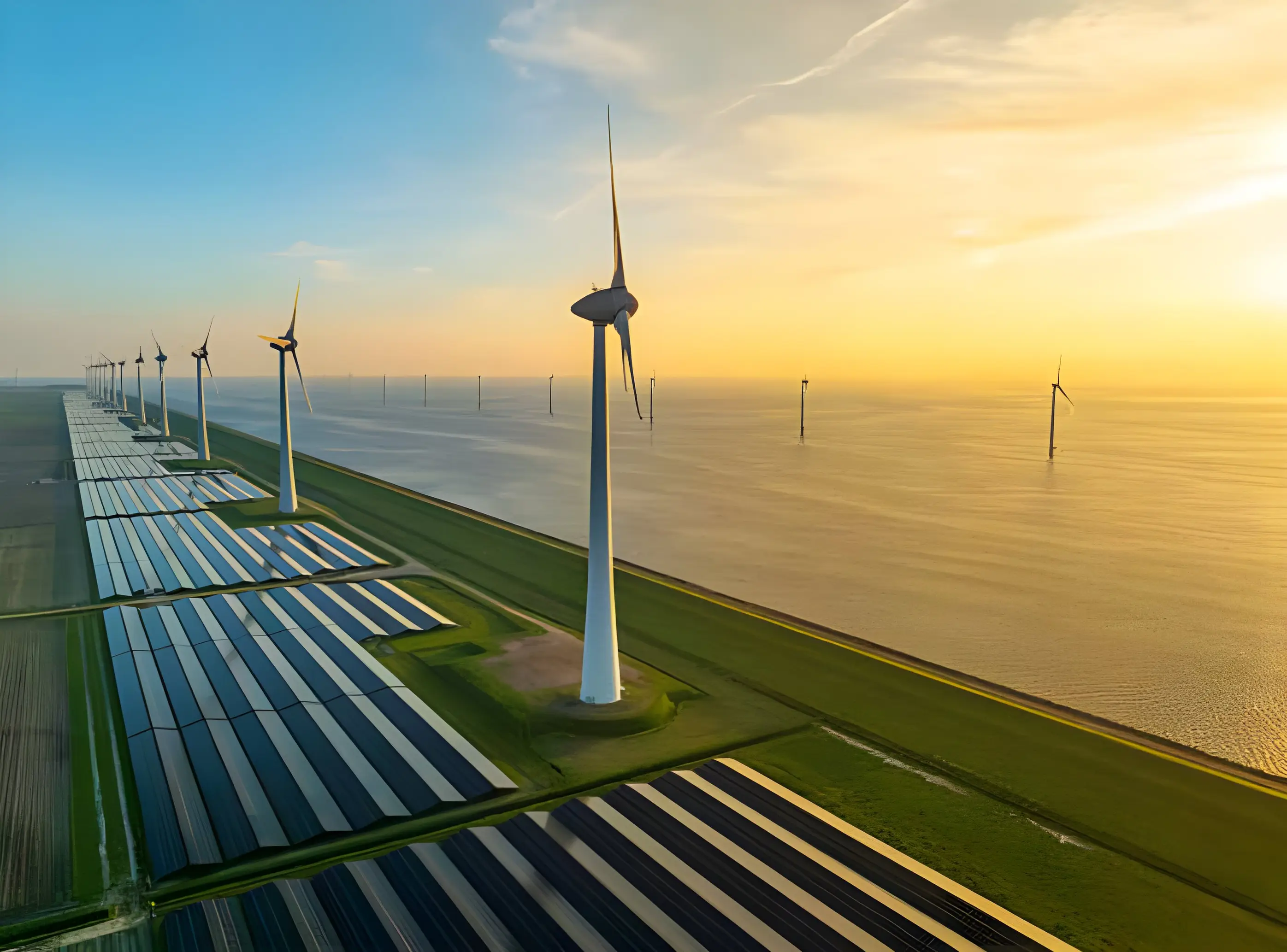 Windmolens en zonnepanelen bij zonsondergang