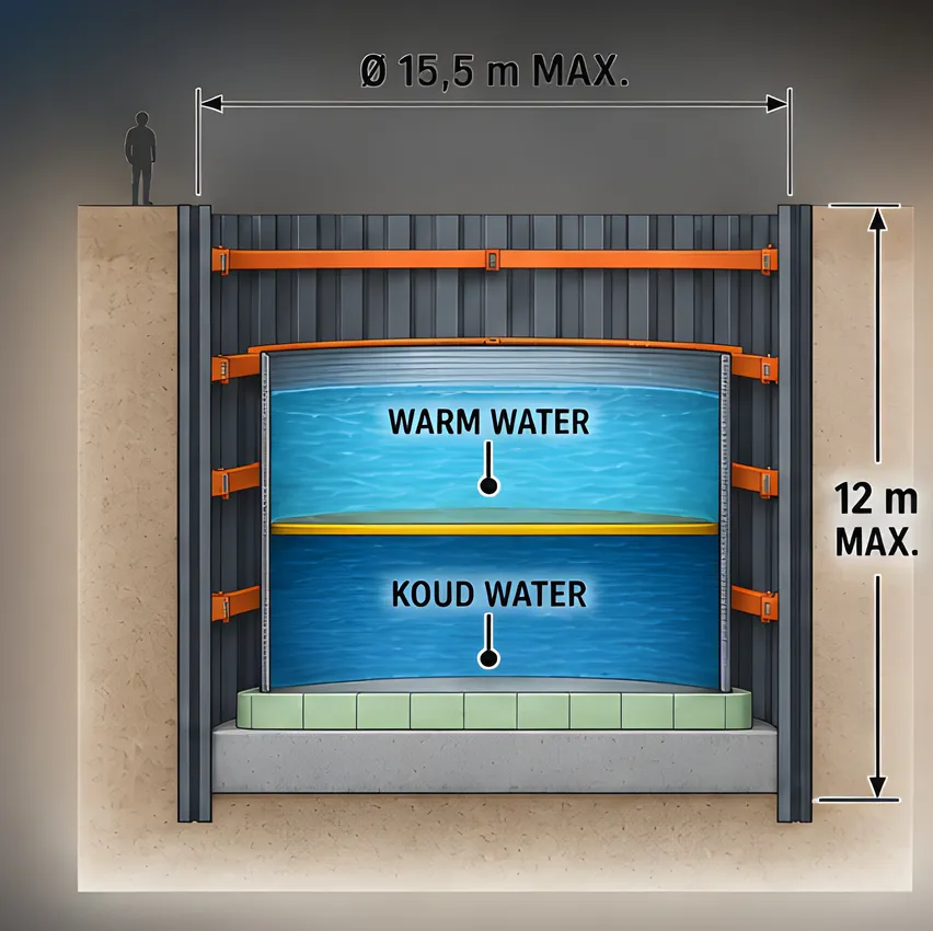 Dwarsdoorsnede van de Peak Buffer: warm water boven, koud water onder, gescheiden door een beweegbare wand