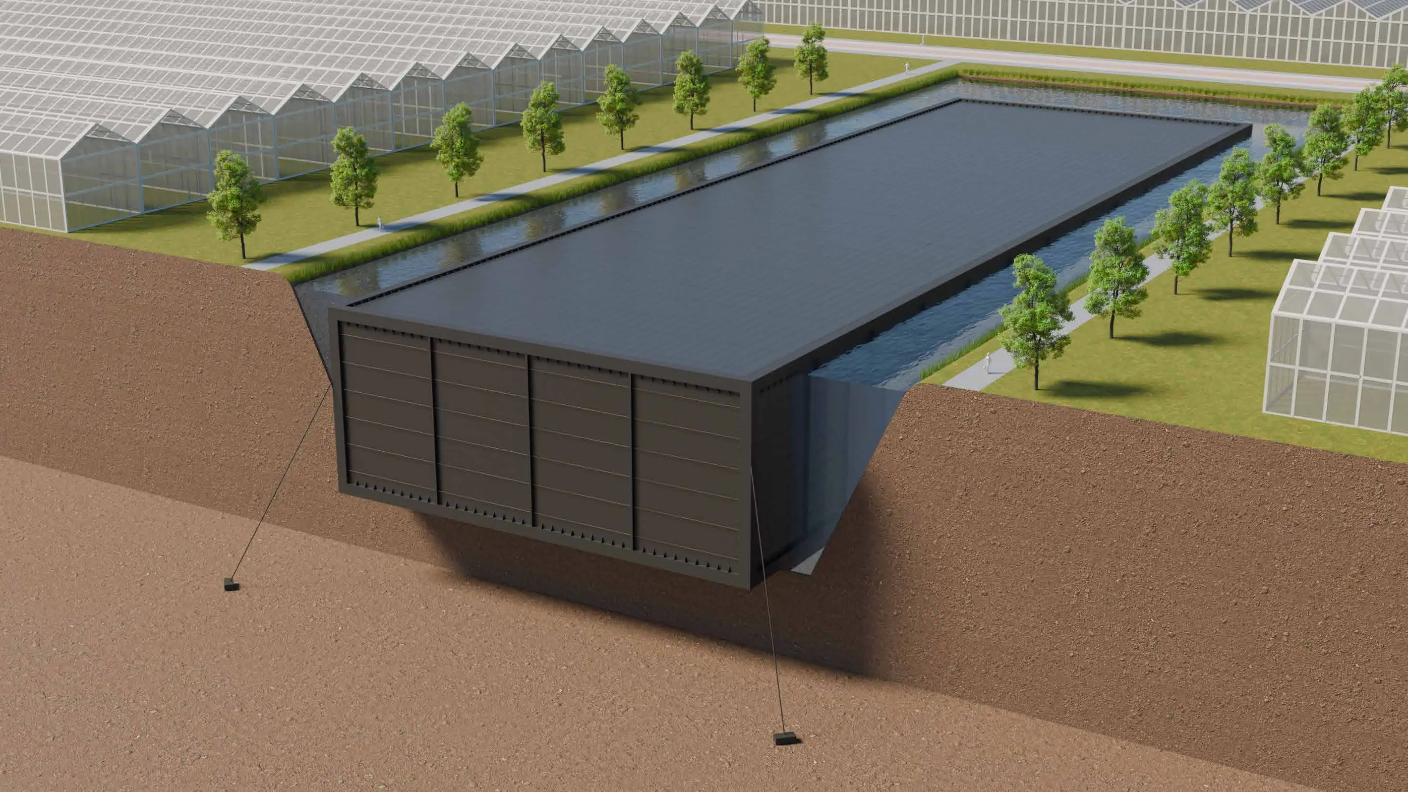Render van de E-Silo warmteopslag naast een kas